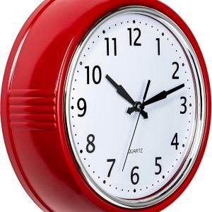 Bernhard Products Retro Wall Clock 9.5 Inch Red Kitchen 50's Vintage Design Round Silent Non Ticking Battery Operated Quality Quartz Clock