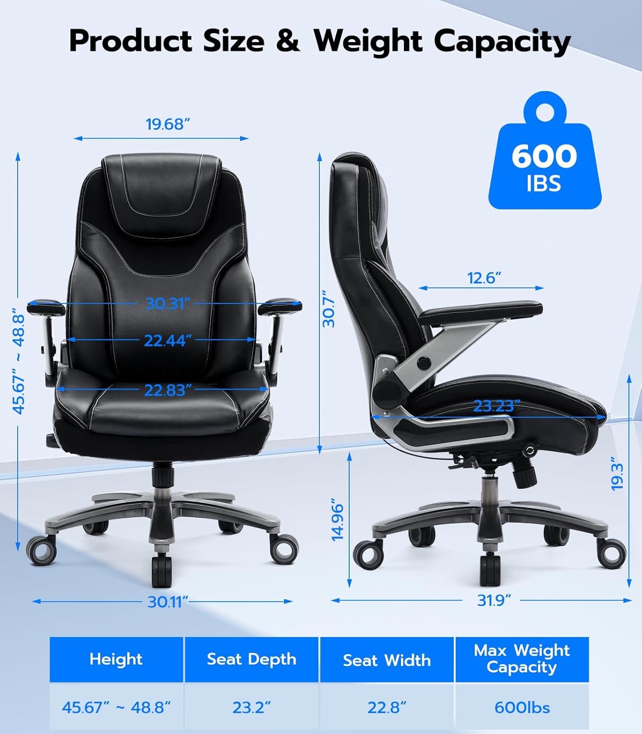Big and Tall Office Chair with 5D Adjustable Arms, 600lbs Fabric and PU Leather Ergonomic Executive Office Chair with Adjustable Lumbar Support, Heavy Duty Managerial Chair - Image 2