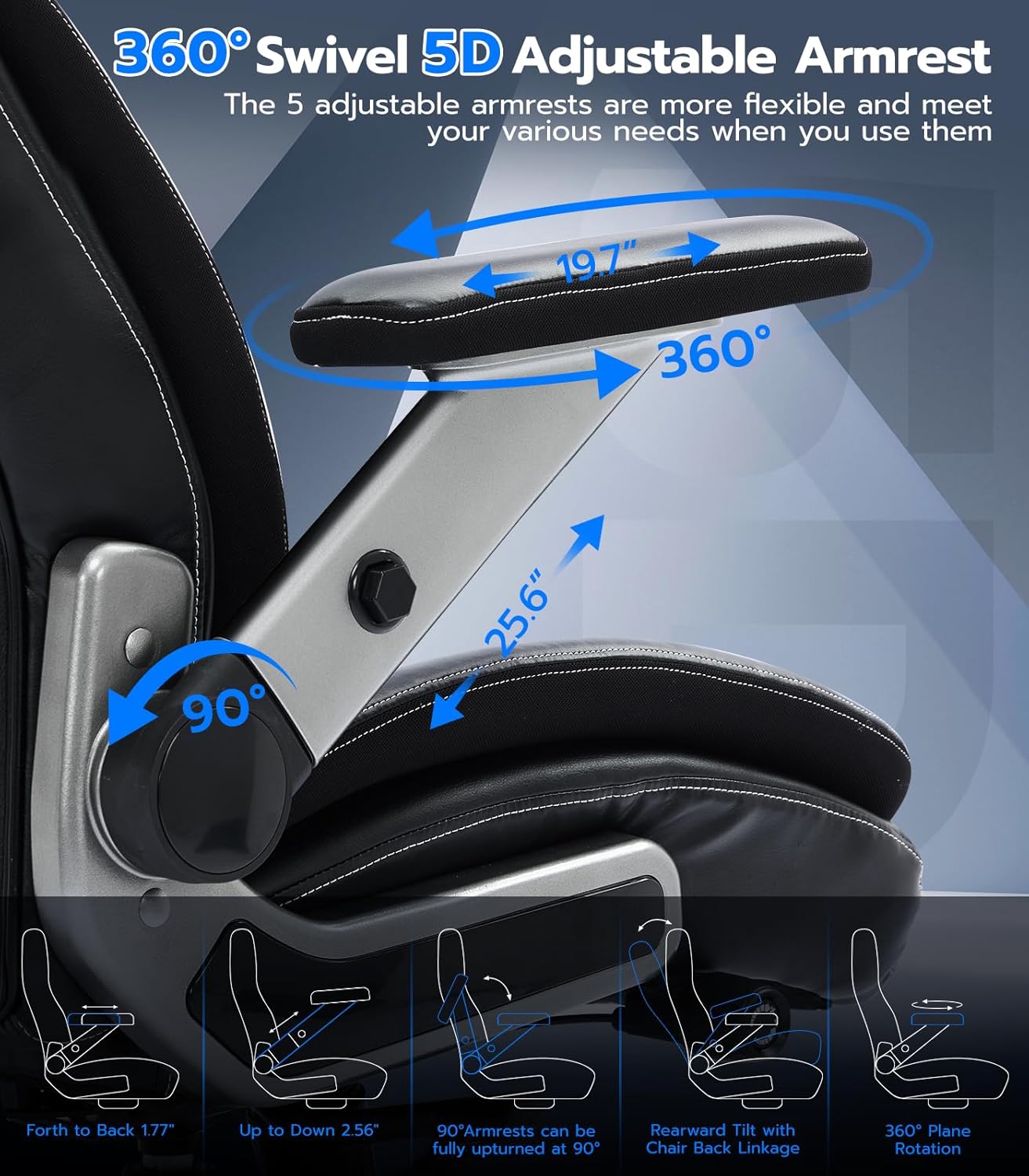 Big and Tall Office Chair with 5D Adjustable Arms, 600lbs Fabric and PU Leather Ergonomic Executive Office Chair with Adjustable Lumbar Support, Heavy Duty Managerial Chair - Image 3