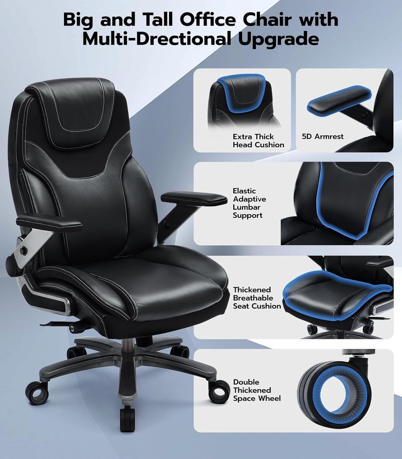 Big and Tall Office Chair with 5D Adjustable Arms, 600lbs Fabric and PU Leather Ergonomic Executive Office Chair with Adjustable Lumbar Support, Heavy Duty Managerial Chair - Image 4