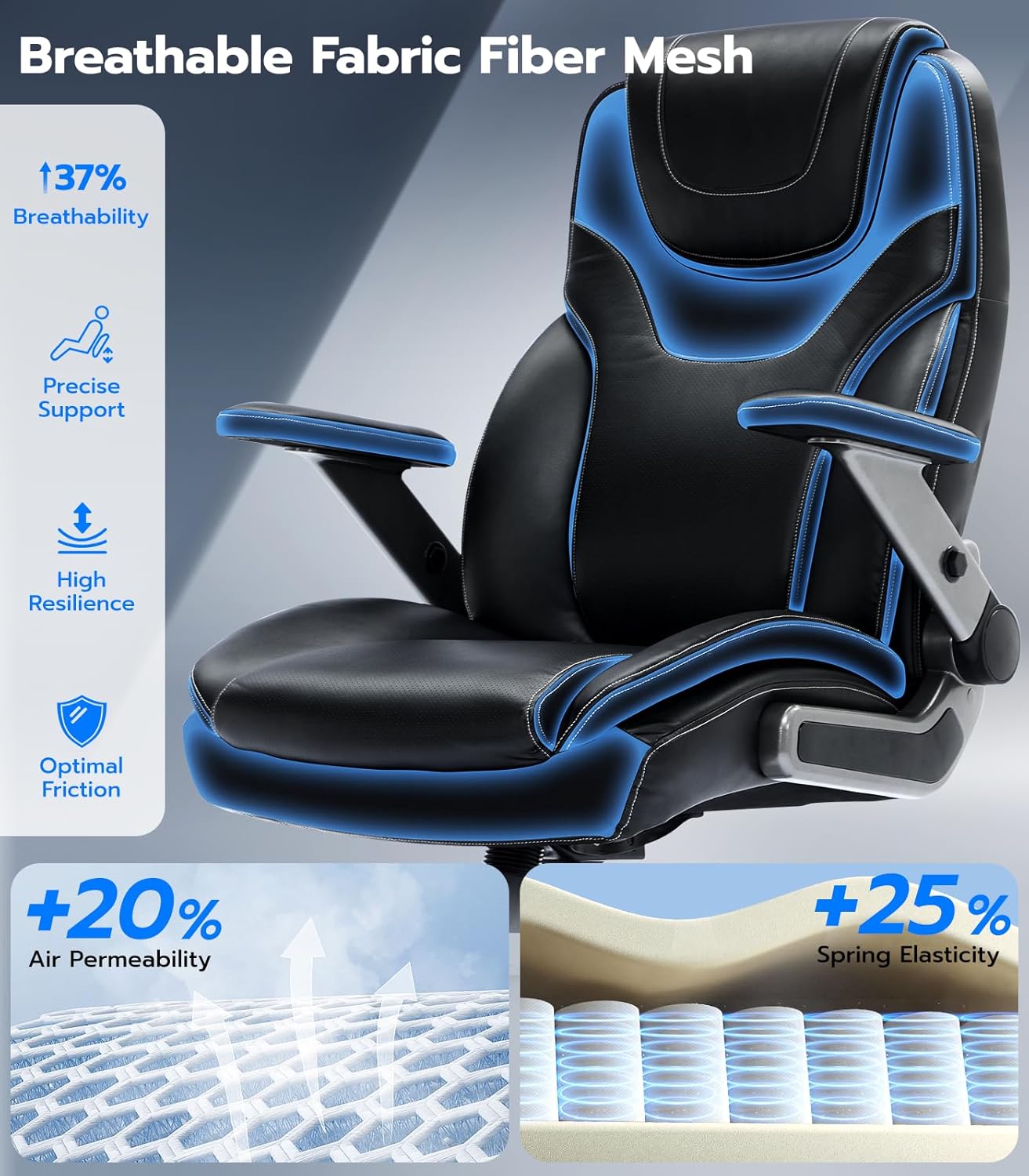 Big and Tall Office Chair with 5D Adjustable Arms, 600lbs Fabric and PU Leather Ergonomic Executive Office Chair with Adjustable Lumbar Support, Heavy Duty Managerial Chair - Image 6