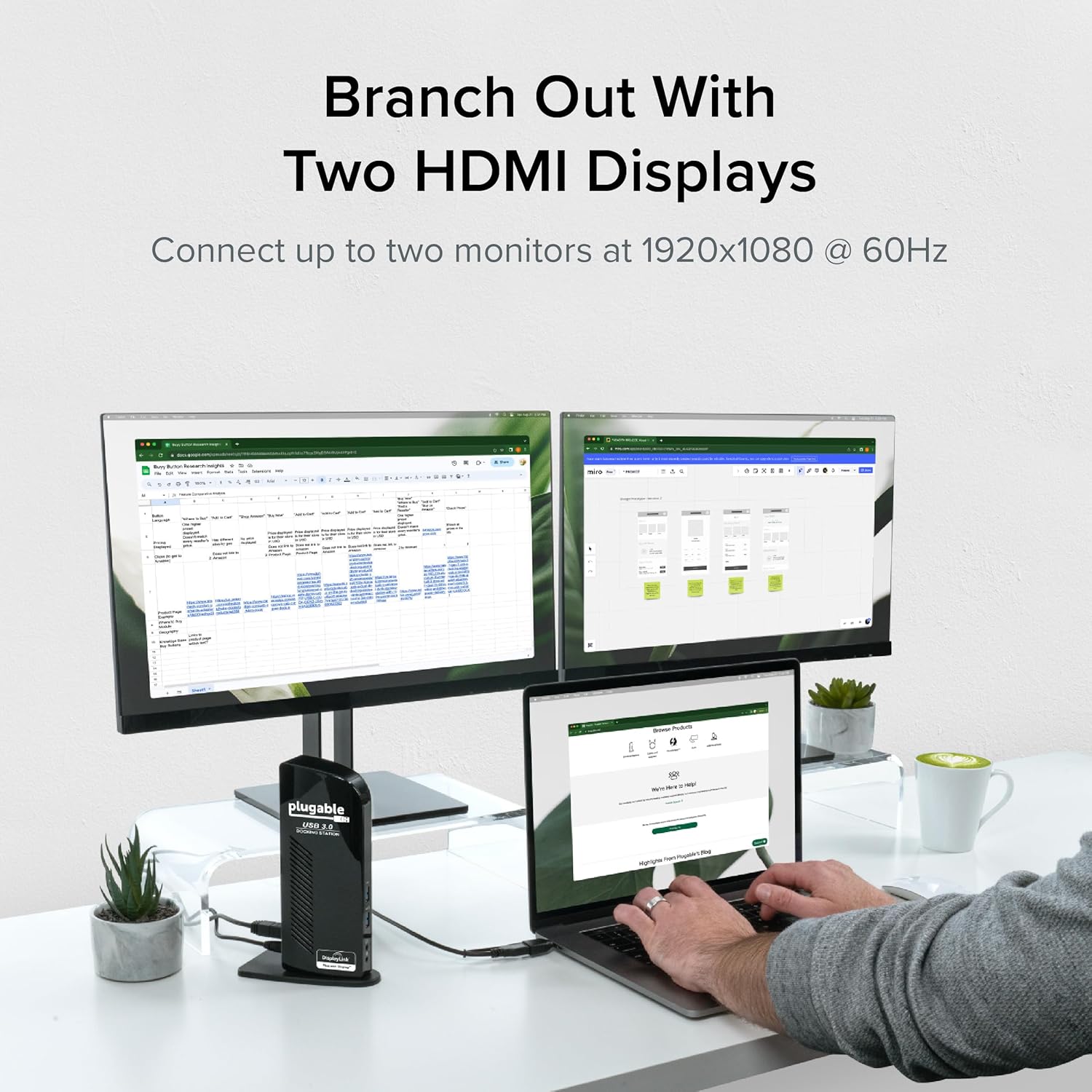 Plugable Universal Laptop Docking Station Dual HDMI Monitor for Windows and Mac (Driver Required), USB 3.0 or USB-C, 2X HDMI, Gigabit Ethernet, Audio, 6 USB Ports (UD-3900) - Image 3